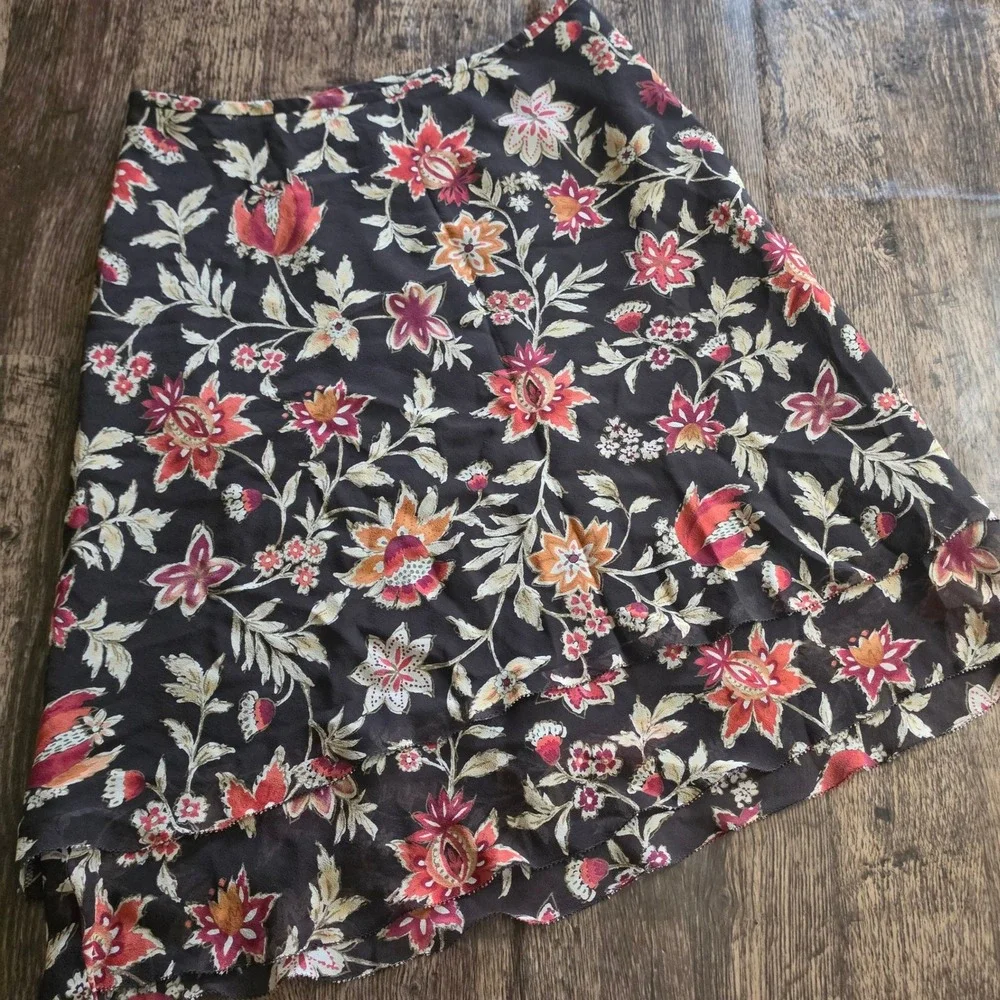 ANN‎ TAYLOR LOFT Skirt Womens 2P Brown Floral Silk Tiered Layered Petites